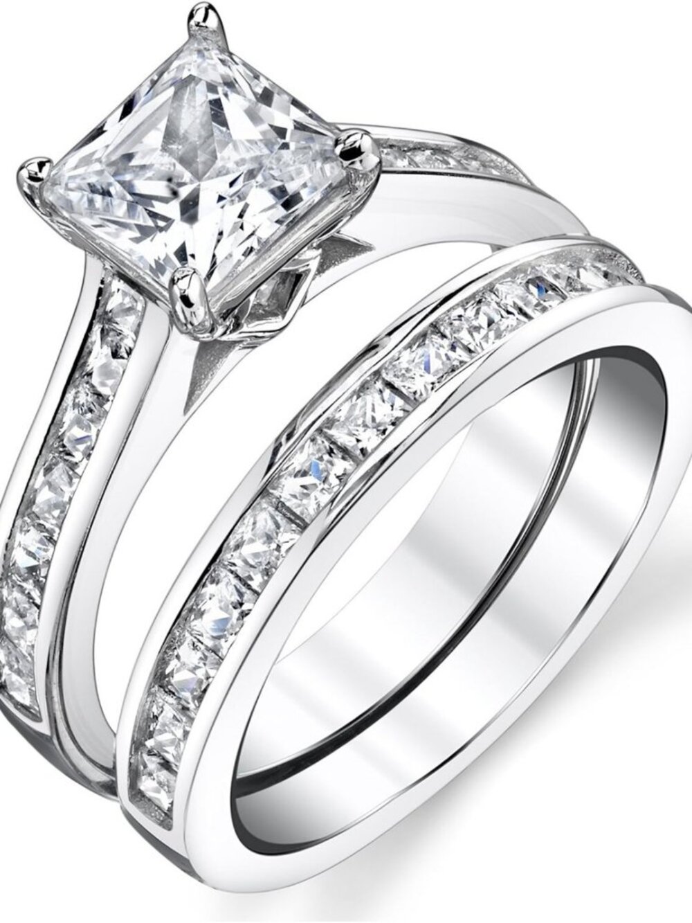 4.3 Carat Sterling Silver Cubic Zirconia Bridal Engagement Ring Set - Princess